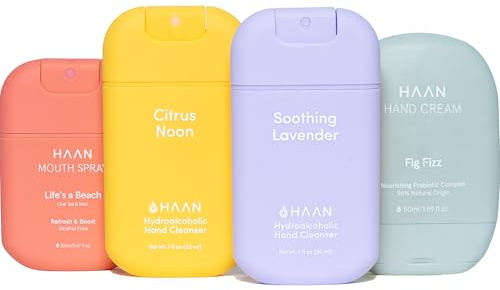 HAAN Feuchtigkeitsspendendes Handspray mit Aloe Vera, Handcreme und Mundspray, 4 Stück, 1 Stück pro Duft und Geschmack: Citrus Noon, Soothing Lavender, Fig Fizz und Erdbeere