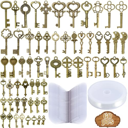 ZLPBAO 60 STK Vintage Schlüssel Deko Antiken Anhänger Set, Deko Schlüssel Retro Anhänger mit 60x Libellen Flügel Charm Set, 1 x 30 Meter Perlendraht, Antikbronze Deko Vintage