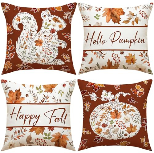 Kissenbezug Herbst 40x40 4er Set, Kissenhüllen kissenbezug herbst Leinen | für Bauernhaus Thanksgiving Halloween,DekoSofa Home Garten Schlafzimmer Wohnzimmer Herbst Dekoration Dekokissen Kissenbezüge