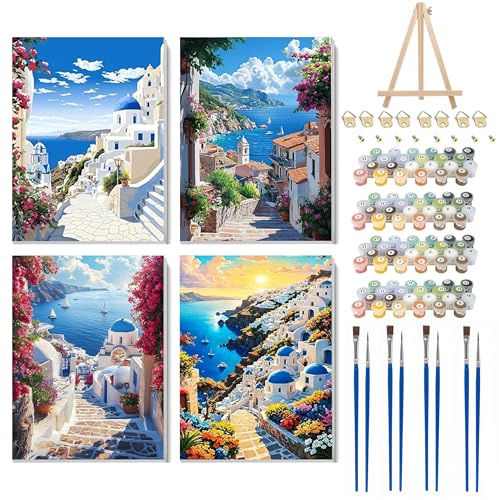 Hongyrjy 4 Pack Framed Paint by Numbers with Wooden Easel-Landscape Paint by Numbers for Adults,Scenery Paint by Numbers Adults Canvas for Gifts and Home Wall Decor 8x12inch