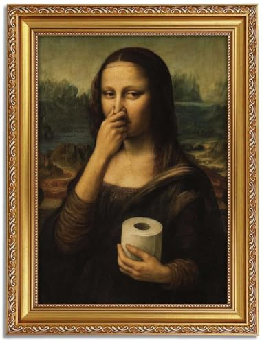 Kunstdruck auf Leinwand, Motiv Eclectic, goldgerahmt, 30,5 x 40,6 cm | Vintage Humor Fun Pinching Nose Mona Lisa Portrait Classic Picture Wall Decor Da Vinci Print Artwork for Toilet Washroom
