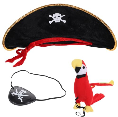 Gatuida Ensemble Costume Pirate Halloween 2 Pièces Chapeau Pirate Noir et Cache-œil Perroquet Peluche Accessoire Cosplay Fête Déguisement Garçon et Filles Adulte