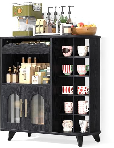 VINCOURNA Mueble Cafetera con Soporte para Tazas de Café (40x80x91cm) | Armarios de Cocina, Mueble Bajo Cocina con Cajón, Almacenaje con Puerta, Aparador Buffet para Salón (Negro)