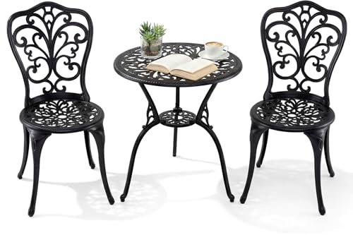COSTWAY Bistroset 3-teilig, Bistrotisch mit 2 Stühle & Schirmloch, Gartenmöbel Set, Balkonmöbel aus Aluminiumguss, Balkonset, Gartengarnitur, Sitzgruppe für Garten, Terrasse, Balkon, Schwarz