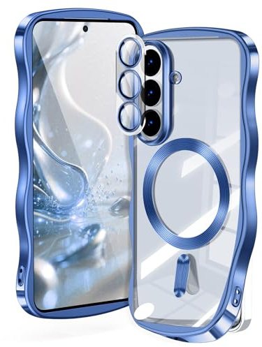[CD-Ring & Gewellter Rand] Hülle für Samsung Galaxy S26,[Vollständiger Kameraschutz][Kompatibel mit Mag-Safe ] Vergoldete, Transparente & Nicht Vergilbende Soft-Hülle für Damen & Herren, Blau