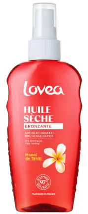 LOVEA - Huile Sèche Bronzante Monoï de Tahiti - Visage & Corps - 97% d'Origine Naturelle - Satine et Nourrit - Bronzage Rapide - Testé sous Contrôle Dermatologique - Vegan - Fabriqué en France - 150ml