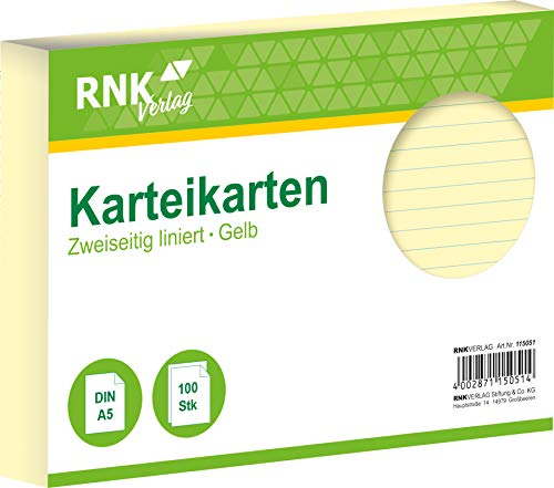 RNKVERLAG 115051 - Karteikarten liniert 7 mm, gelb, DIN A5, 1 Packung à 100 Karten
