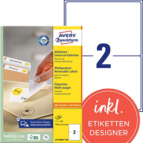 AVERY Zweckform L4734REV-100 Universal Etiketten (200 Klebeetiketten, 199,6x143,5mm auf A4, wieder rückstandsfrei ablösbar/abziehbar, individuell bedruckbare, selbstklebende Aufkleber) 100 Blatt, weiß