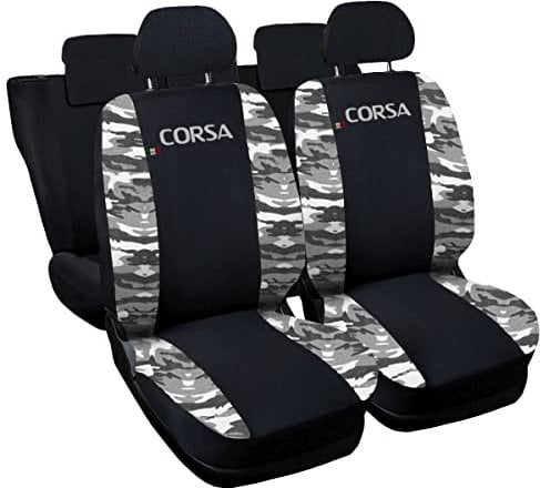 Lupex Shop Coprisedili auto compatibili con Corsa, Made in Italy, tessuto poliestere, set sedili completi anteriori e posteriori (Nero - Mimetico Grigio)