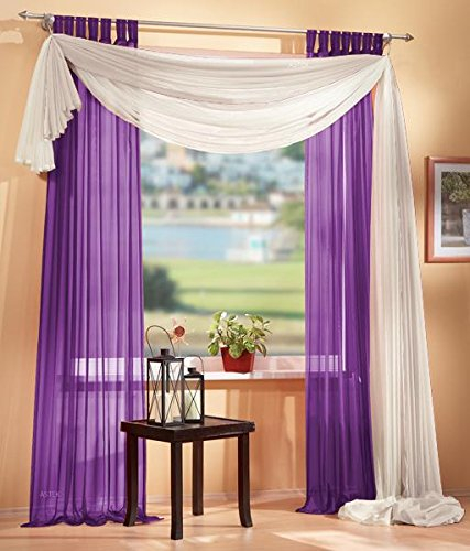 Gardinen Set, 2 x Schlaufenschal Voile, transparent, 245x140, Lila, 1 x Voile Querbehang, Freihanddeko, 140x600, Creme, 61000560