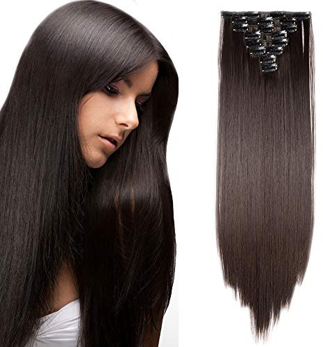 23 Hair Extensions Clip in Straight 8 Pieces Full Head Hairpiece Synthetic Fibre Hair Set - Dark Brown