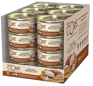Wellness CORE Signature Selects, Shredded Huhn & Pute, 24 x 79 g, Premium Nassfutter für ausgewachsene Katzen in Sauce, ohne Zuckerzusatz, getreidefrei, mit hohem Fleischanteil