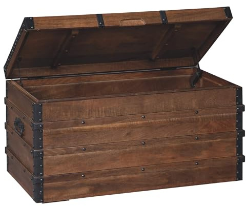 Signature Design By Ashley Kettleby Wooden Storage Box Trunk, Vintage‑Style Coffee Table With Hinged Top And Hidden Storage, Wood Construction With Metal Hardware For Living Room Organization, Brown