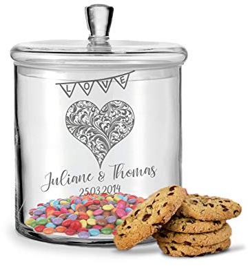 GRAVURZEILE Leonardo Keksglas mit Gravur - Keksdose Bonbonglas mit Deckel - Vorratsdose personalisiert mit Namen & Datum - Geschenk für Paare, zur Hochzeit als Geldgeschenk Farbe Herz