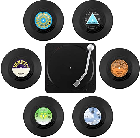 Set of 6 Retro Vinyl Record Coasters with Holder, Drink Cup mat, Place mats, Non-Slip Insulated Coffee Drink mat