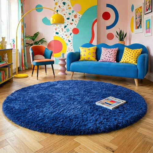 Amdrebio Marineblauer Teppich für Schlafzimmer, Flauschiger Kreisteppich für Kinderzimmer, pelziger Teppich für Jugendzimmer, zotteliger runder Teppich für Kinderzimmer, Flauschiger Plüschteppich für