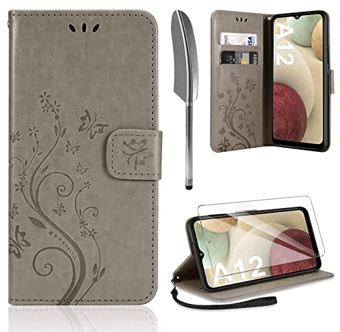AROYI Lederhülle Kompatibel mit Samsung Galaxy A12 / M12 Hülle und Schutzfolie, Flip Wallet Handyhülle PU Leder Tasche Case Kartensteckplätzen Schutzhülle Kompatibel mit Samsung Galaxy A12 / M12 Grau
