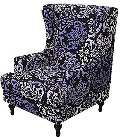 Highdi 2 Teilig Ohrensessel Überzug, Klassischer Luxus Barockes Muster Sessel-Überwürfe Bezug Sesselhusse Elastisch Stretch für Ohrensessel mit Armlehne Hohe Rückenlehne (Blau Lila)