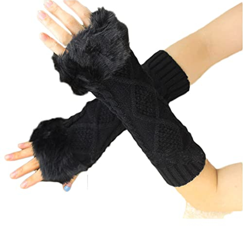 ITODA Handschuhe Winter Damen Armstulpen Kunstfell Strickhandschuhe Lang Armhandschuhe mit Daumenloch Fausthandschuhe Mädchen Fingerlos Fäustlinge Warm Winterhandschuhe Strick Handwärmer Outdoor