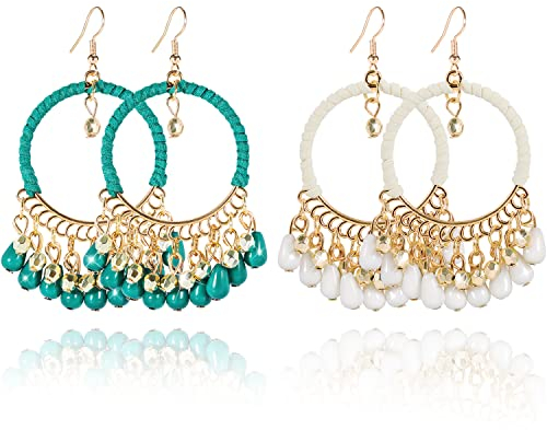 Boho Ohrringe Set - Vintage Runden Wassertropfen Quasten Indischer Stil Gold Hängend Damen Statement Handweben 2 Paare Creolen Mit Anhänger für Frauen Mädchen