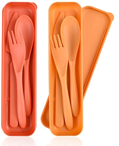 Travel Cutlery Set with Case, 2Pack Portable Cutlery Set Reusable Plastic Forks Spoon Tableware, Camping Cutlery Set for Travel Picnic Outdoor Office School Lunch Box or Daily Use (Orange Yellow)