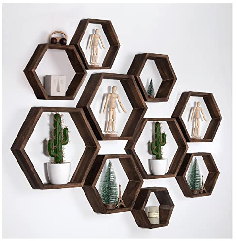 Sechseckige Wandregale Wabenförmige Regale 10er-Set Wandmontierte Holzregale im Landhausstil Wand-Aufbewahrungsregal für Badezimmer, Küche, Schlafzimmer, Wohnzimmer ,Flur, Büro, Dekor- Wanddekoration