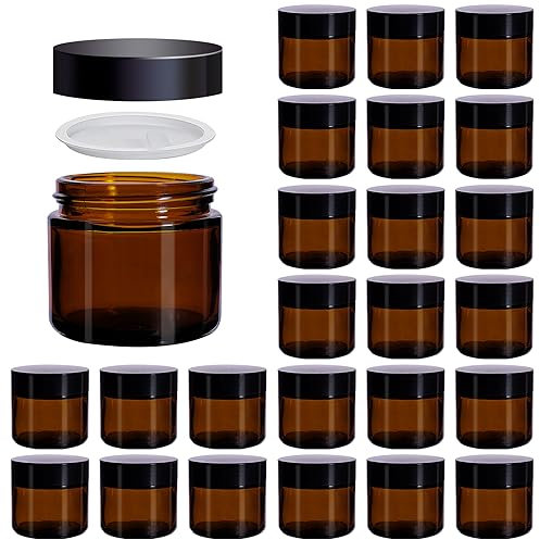 Galssmagic Lot de 24 petits bocaux en verre ambré de 56,7 g avec couvercles noirs, pots de voyage pour cosmétiques, lotion crème, gommage corporel, lotion