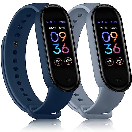 Meliya 2 Pièces Bracelet Compatible avec Xiaomi Mi Band 6/Mi Band 5/Amazfit Band 5 Femme Homme, Silicone Bracelet de Remplacement pour Xiaomi Mi Band 6/Mi Band 5 (Bleu Gris/Bleu Marine)