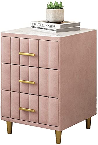 Großer Nachttisch mit Aufbewahrung, Arbeitsplatte aus nordischem Flanell-Marmor, Nachttisch aus Holz, Aufbewahrungsschubladen mit 3 goldenen Metallgriffen, Metallbeine (Farbe: Rosa)