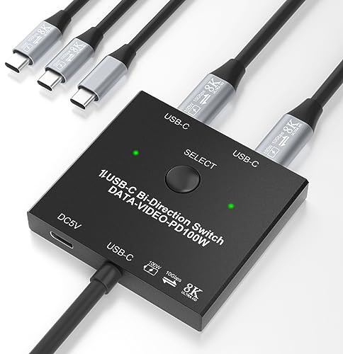 8K USB-C Switch, Bi-Directional KVM Switch with Wired Remote & 2 USB-C Cables, 100W Charging+10Gbps Data+Video Transfer, 8K@60Hz/4K@144Hz