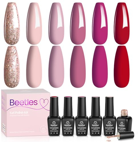 Beetles Rose Rot Gold Nackt Nagellack Set - 6 Farben UV Nagellack Prinzessin Charmant Gel Nagellack Set Starter Nail Nagellack Design Geschenk Trocken Gel für Frauen Anfänger Nail Art 7.5ml