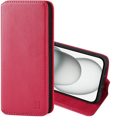 32nd Classic Series 2.0 - Real Leather Book Wallet Flip Case Cover For Apple iPhone 15 (6.1), With RFID Blocking Card Slot, Magnetic Closure and Built In Stand - Rose Pink