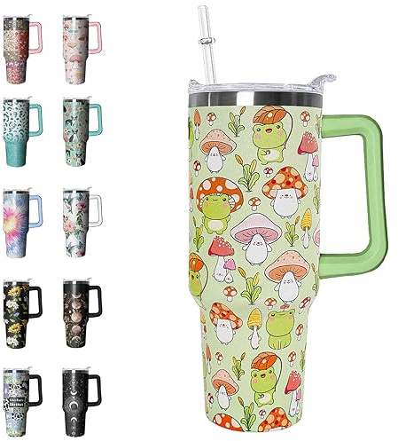 Rcvlauf 40 oz Tumbler with Handle and Straw - Leak Proof Insulated Cup, Frogs Mushroom Coffee Travel Mug, Cute Kawaii Frog Decor Stuff Gifts for Women