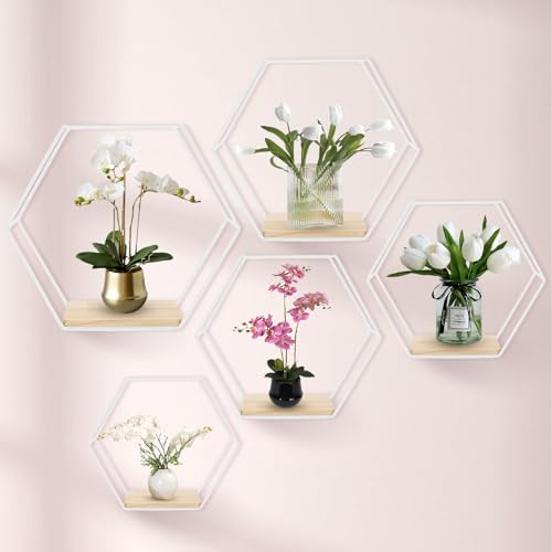 Hexagon Wandregal Weiß Metall 5er Set, Regal Wand Deko Hängeregal Loft Wandregale, Wand Regal Weiss für Wanddeko in Wohnzimmer, Schlafzimmer, Bad, Café und Hotel