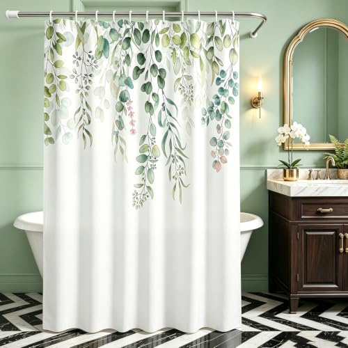 Lerores Duschvorhang 220x180cm, Grün Blätter Antischimmel Textil Beschwerter Saum, Wasserabweisend, Waschbar Polyester Stoff Badevorhänge mit Ösen und 14 Duschvorhangringe für Badezimmer, Badewanne