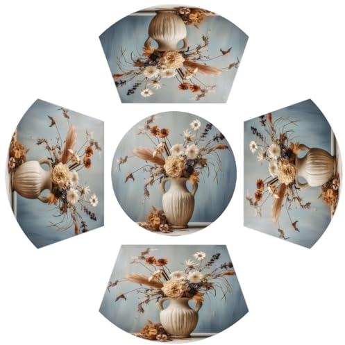 Vintage Getrocknete Blumen Holz PVC Tischsets 5er Set für Runden Tisch, 4 Keil-Tischmatte & 1 Runde Mittelstück Platzdeckchen, Hitzebeständige Waschbare Tischsets für Küche Esstisch Tischsets