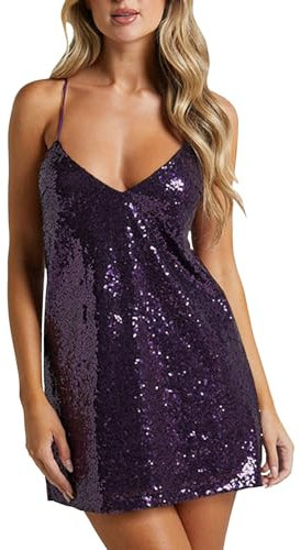Duohropke Abito da donna con paillette, oro glitterato, per feste, cocktail, elegante, sexy, da cocktail, da cocktail, con scollo a V, per Carnevale, 01 viola., L