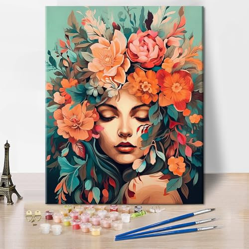 TISHIRON Paint by Numbers for Adults Kids Woman with Flowers in Her Hair Oil Painting Paint by Number Kits Acrylic Painting Paintwork with Paintbrushes 16x20