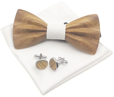 Cyriacus Holzfliege Set Herren Holzfliegenset Fliege aus Holz,für Hochzeit Aufführungen Geschenk Abschlussball bianco
