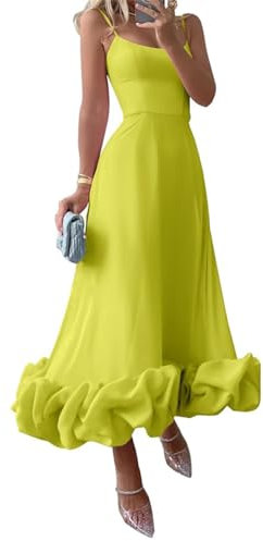 Vestido de fiesta de noche formal con volantes para mujer, largo hasta el té, Verde lima., 34