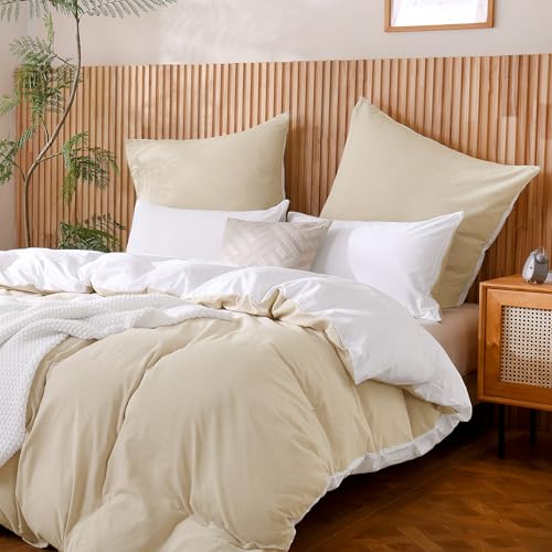 ATsense Bettwäsche 135x200 Baumwolle 4teilig, Beige Bettwäsche-Sets 100% Gewaschene Baumwolle mit Leinen Textur, Oeko-TEX für Allergiker 2 Bettbezug mit 2 Kissenbezüge 80x80 cm