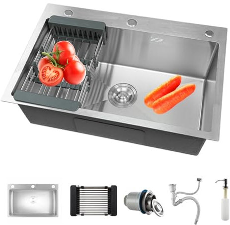 Julymoda Spülbecken 304 Edelstahl Küchenspüle, Einbauspüle Spüle mit Abflusskorb/Seifenspender für Küche (Edelstahl, 40 * 50cm)