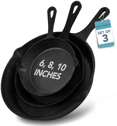 HEFTMAN Cast Iron Skillet Set of 3 - Pre-Seasoned Non-Stick Frying Pans (6, 8, 10 Inch) - Oven Safe Induction Skillet Pan for All Hob Types, Grill, Stove