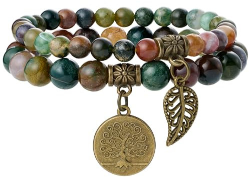 Farfume Bracciali Chakra per le donne - Cristalli Bracciale Donne Pietre Naturali Yoga Reiki- Un Set di Bracciali Doppi(Agata d'India e Albero della Vita(Medio)