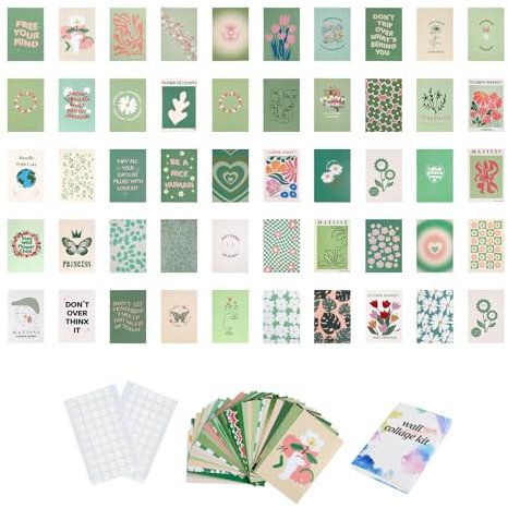 dsDAEDK 50 Stück Wandcollage Poster Aesthetic, 10 x 15 cm Grüne Boho Bilder Schlafzimmer Fotosammlung, Collage Bilder Wandcollagen Aesthetic Deko Poster Set für Mädchen Jungen,Schlafsaal,Zimmer Deko