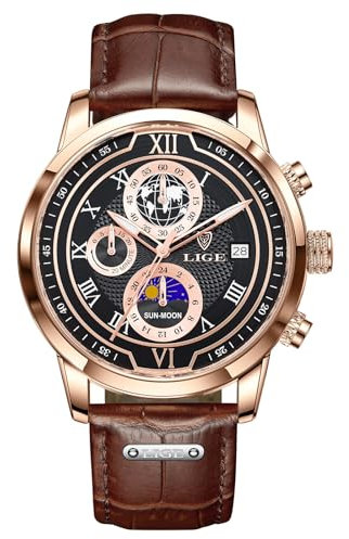 LIGE Armbanduhren Herren Männer Uhr Braun Lederarmband Chronograph Quarz Männer Uhren Mit Datum Mondphase Design Wasserdicht Men's Watches - Armbanduhren Für Herren Für Business & Alltag,Goldschwarz
