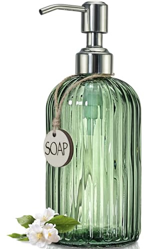 JASAI 18Oz Green Soap Dispenser with Rust Proof Pump, Refillable Bathroom Soap Dispenser with Thick Glass, Kitchen soap Dispenser for Dish soap, Hand Soap, Lotion, Body Wash.