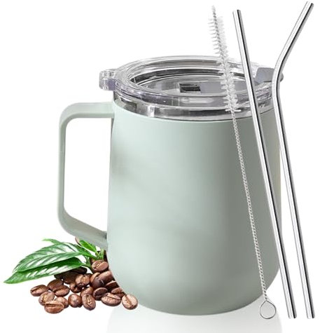 Kytpyi Coffee Cup, Travel Mug, 450ml Double-Layered Mugs for Women Men with Lid 2 Straws 1 Brush, Anti-scalding Insulated Coffee Cup for Warm or Cold Drink for Home School Office (Green)
