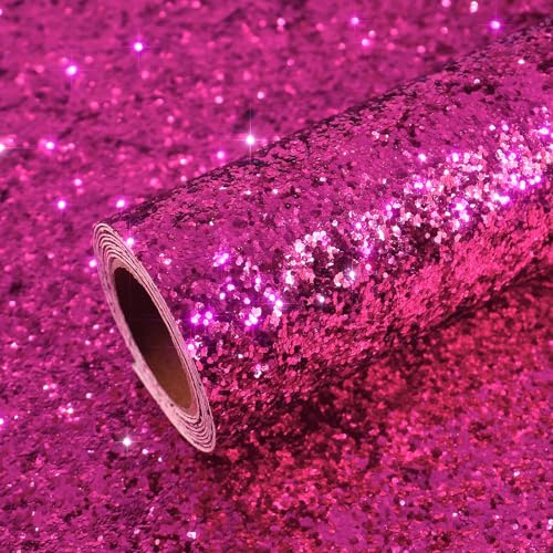 VEELIKE Magenta Pink Chunky Glitter Wallpaper Glitter Film 40 cm × 300 cm Self-Adhesive Wallpaper Pink Furniture Film Glitter Decoration Living Room Bedroom Decorative Film Festive Party Decoration