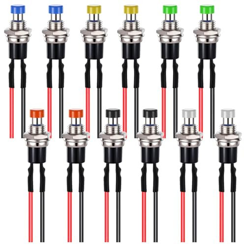 12 Stück 7mm Vorverkabelt Mini Momentan Druckknopf 12V Mini Taster Schalter 3A 220V SPST 2 Pins Vorgelöteter Druckknopfschalter Runder Flachknopf-Drucktasten Drucktaster Bunt für Modelleisenbahn-Hobby
